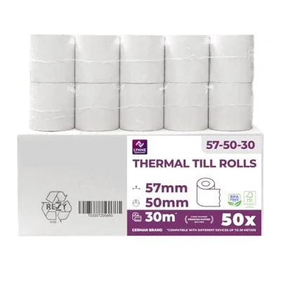 Abbildung von Lynne Payment Solutions Thermorollen 57mm x 50mm 12mm Kassenrollen Bonrollen für Registrierkasse mit Bondrucker Thermopapier BPA Frei (50 Rollen)