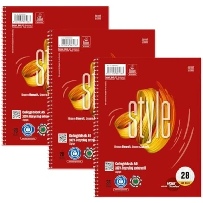 Abbildung von Staufen Ursus Style Collegeblock, 3 Stück, DIN A5, 5mm kariert, 160 Blatt, 4 fach Lochung, premiumweißes 70g/m² Recyclingpapier, Green