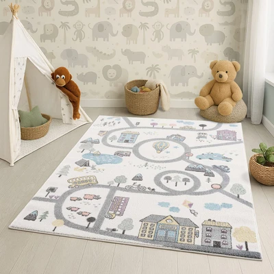 Abbildung von carpet city Kinderteppich Straßen Stadt Motiv Creme Multi Kinderzimmer Teppich Modern (120 cm x 160 cm)