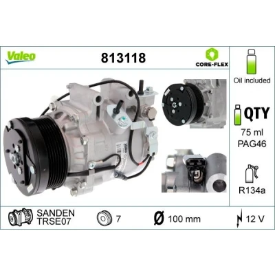 Abbildung von VALEO 813118 Kompressor TRSE07 12 PAG 46 R 134a mit Kompressoröl HONDA: CIVIC 8 Hatchback