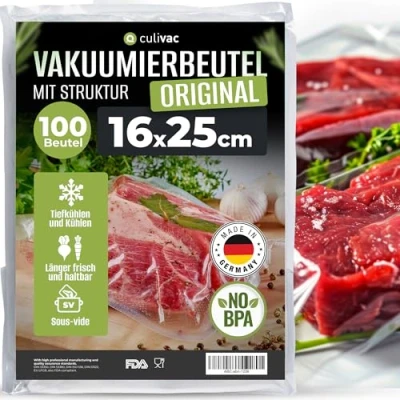 Abbildung von culivac Vakuumierbeutel 100 Vakuumbeutel 16x25cm Premium, Folienbeutel für jedes Folienschweißgerät Vakuumiergerät Vakuumierer, Vakuumierfolie Original Sous Vide, Made in Germany, BPA frei