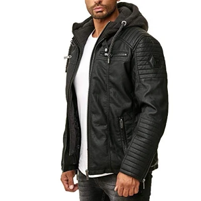 Abbildung von Robuste Lederjacke Kunstleder Bikerjacke mit abnehmbarer Kapuze Schwarz 5XL