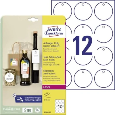 Abbildung von AVERY Zweckform T2004 10 stabile Anhänger 120 Stück inkl. Schnüre (⌀60mm auf A4, beidseitig bedruckbare Produktanhänger, extra glatte Kanten, runde Geschenkanhänger, Preisanhänger) Karton 220g, weiß