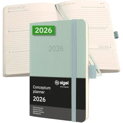 Abbildung von SIGEL C2639 Wochenplaner Wochenkalender 2026, ca. A6, grün, Softcover, 176 Seiten, Gummiband, Stiftschlaufe, Archivtasche, aus nachhaltigem Papier, Kalenderbuch Conceptum