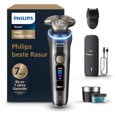 Abbildung von PHILIPS Rasierer i9000 Prestige Ultra, Nass und Trockenrasierer für Männer, adriatic, Druck Bewegungssensor, 5+1 Bartstyler, Reinigungsstation, UV Ladecase &amp; Reiseetui (Modell XP9402/46)