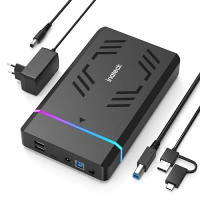 Abbildung von Inateck RGB 3.5 Zoll Festplattengehäuse, USB 3.0 Externes Festplattengehäuse für 2.5&#039;&#039;/3.5&#039;&#039; SATA HDD und SSD, mit Erweiterungsanschlüssen 12V/2A Stromadapter, unterstützt bis zu 20TB, FE3003