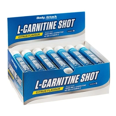 Abbildung von BODY ATTACK L CARNITINE SHOT Citrus, 20 x 25ml Made in Germany 25 ml/eine Portion, 1000 mg Carnitin, 100% reines &amp; veganes, hochwertiges CARNIPURE, 40 Vitamin C