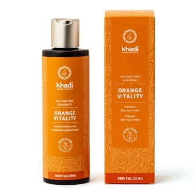 Abbildung von khadi ORANGE VITALITY Ayurvedisches Shampoo, 100% natürlich, silikon &amp; sulfat frei, Vitalität, Volumen Sprungkraft, definierte Locken, gegen fettiges Haar, Vegane Haarpflege, Naturkosmetik 200ml
