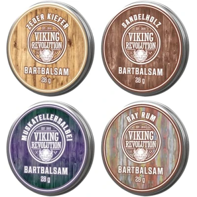 Abbildung von Viking Revolution Bart Balsam 4er Sortenpackung Bartwachs Stylt, Stärkt und Macht Weich Sandelholz, Zeder &amp; Kiefer, Bay Rum, Muskatellersalbei Geschenke Für Männer 4 x 28g