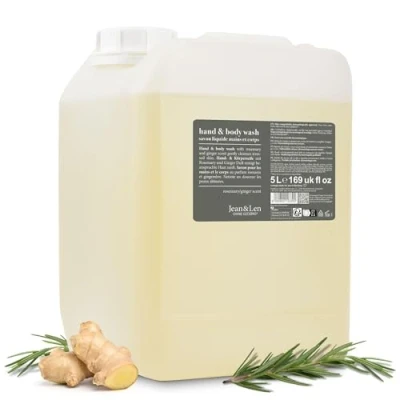 Abbildung von Jean &amp; Len Hand Body Wash Rosemary und Ginger im Kanister, reinigt pflegt die Haut, würzig frischer Duft, Flüssigseife Nachfüllkanister, ohne Silikone, Parabene Mikroplastik, 5L