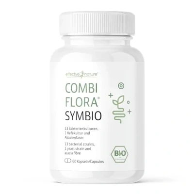 Abbildung von Combi Flora SymBIO Probiotikum mit 13 Bakterienstämmen + Akazienfaser 60 vegane Kapseln Verzögerte Freisetzung Hochdosiert