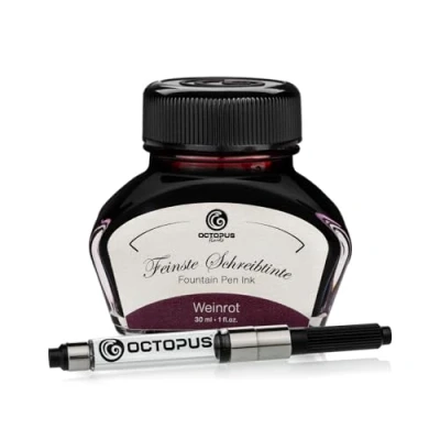 Abbildung von Octopus Fluids Füllhaltertinte im Tintenglas inklusive Konverter, Schreibtinte für Füllhalter, Füllertinte in Weinrot 30ml mit Tintenkonverter