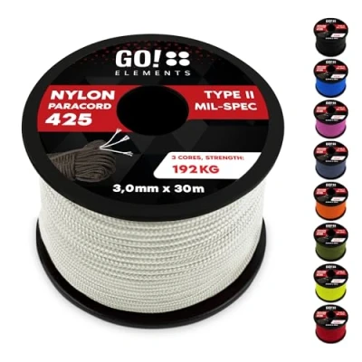 Abbildung von GO!elements 30m Paracord Seil aus reißfestem Nylon 3mm 425 Typ II max. 192kg Schnüre als Outdoor Seil, Allzweckseil, Survival Armband, Hundeleine, Nylonschnur, Farbe:Weiß