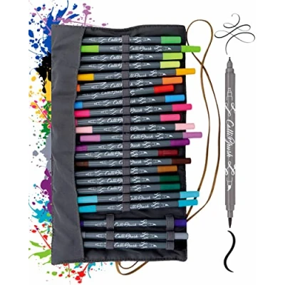 Abbildung von Online Calli.Brush, Handlettering Brush Pens, 24er Set Pinsel Stifte, Kalligraphie in Roll Pouch Geschenk Verpackung, Calligraphie Spitze, Spitze für Bullet Journaling, Wasserfarben
