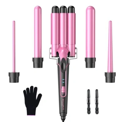 Abbildung von Lockenstab set 5 in 1 Welleneisen Lockenstäbe 3 Fässer für Große Keine Locken Keramik Lockenwickler mit Verschiedenen Aufsätzen Temperatureinstellung Schnelle Erwärmung Handschuh und 2 Clips