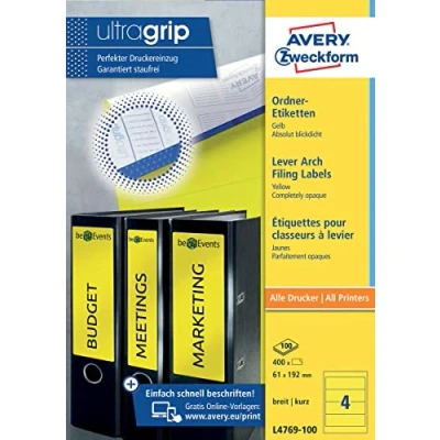 Abbildung von AVERY Zweckform L4769 100 Ordnerrücken Etiketten (400 Rückenschilder mit ultragrip, 61x192mm auf A4, breit/kurz, selbstklebend, absolut blickdicht, bedruckbare Ordneretiketten) Blatt, gelb
