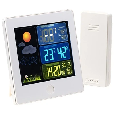 Abbildung von infactory Meteostation: Funk Wetterstation mit Außensensor, Farbdisplay, Funkuhr, Wecker, weiß (Funkwetterstation Aussensensor, Funkwetterstation Farbdisplay)