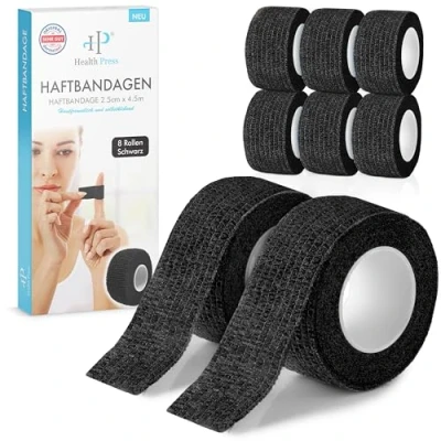 Abbildung von Fingerpflaster Selbsthaftend 8x Pflaster Rolle (2,5cm x 4,5m) Verband Selbstklebend Elastisches Tape wasserfest Staub , Fett und Schmutzabweisendes Pflasterband (Schwarz, 8 Rollen)