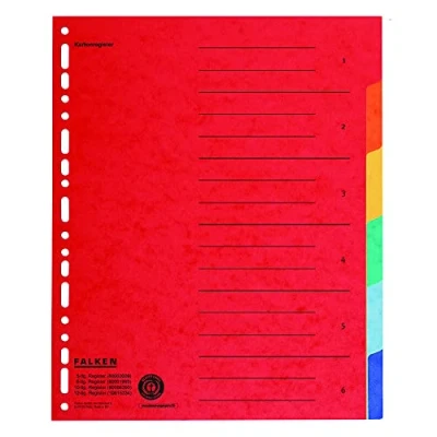 Abbildung von 20x Original Falken Karton Register überbreit für DIN A4+ 24,5 x 30 cm volle Höhe mit Organisationsdruck 6 teilig vollfarbig zur Ablage von Prospekt und Klarsichthüllen