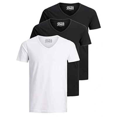 Abbildung von Jack and Jones Herren T Shirt Basic V Ausschnitt 3er Pack Einfarbig Slim Fit in Weiß Schwarz Blau Grau XXL