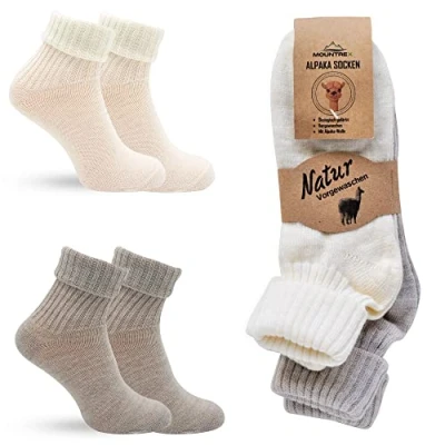 Abbildung von MOUNTREX Alpaka Socken, Wollsocken für Damen, Herren Warme Bettsocken 2 Paar, Ecru/Beige (mit Umschlag Dünn), 35 38