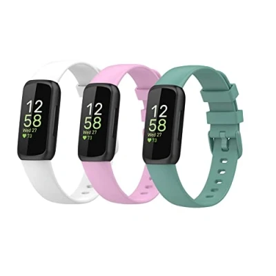 Abbildung von Waekethy Armband für Fitbit Inspire 3, Silikon Armbänder Sport Uhrenarmbänder Ersatzarmband Kompatibel mit 3 (S, Weiß+Lila+Grün)