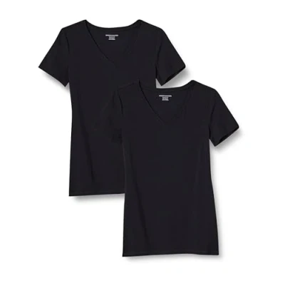 Abbildung von Amazon Essentials Damen Kurzärmeliges T Shirt mit V Ausschnitt, Klassischer Schnitt, 2er Pack, Schwarz, XXL