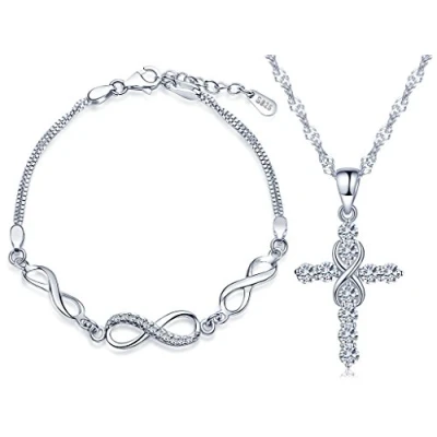 Abbildung von Yumilok 925 Sterling Silber Zirkonia Unendlichkeit Symbol Kreuz Charm Armband Halskette Damen Schmuck Set Armkette &amp; Kette mit Anhänger