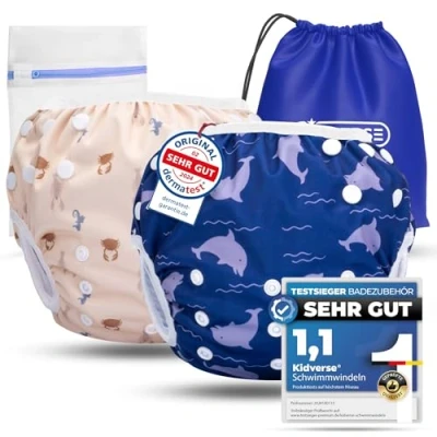 Abbildung von KIDVERSE 2er Set Schwimmwindel Baby 0 3 Jahre Hautfreundliche Schwimmwindeln wiederverwendbar &amp; saugstark mit Tasche Wäschenetz (Beige Blau Meer 2er)