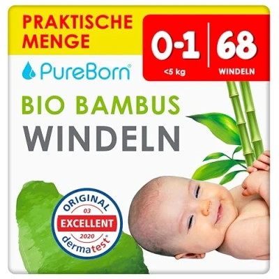 Abbildung von PureBorn Eco Bio Bambus Windeln, Größe für Neugeborene bis 5 kg, 68 Stück, Umweltfreundlich, Hypoallergen, Ultraweich, mit Nässeindikator, Diverser Aufdruck