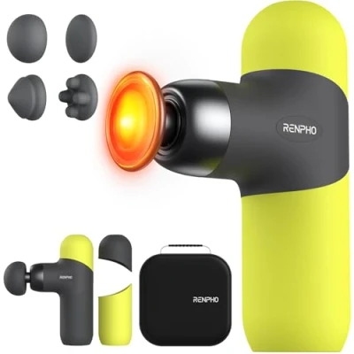 Abbildung von RENPHO Mini Thermal Massagepistole mit Wärmefunktion, Massage Gun Tragbares Modisches Perkussions Massagegerät, Farbige Silikonhüllen, Reisegröße Tragetasche, für Muskel Massage, Blau