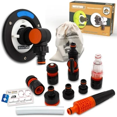 Abbildung von MaJoCompTec® WATERTWIN Tankdeckel mit Wasseranschluss Wassertankdeckel Befülladapter für Wassereinfüllstutzen Wohnmobil Wohnwagen Zubehör (FLEX Version + Anschluss Set, Adapter 3 PIN D:78)