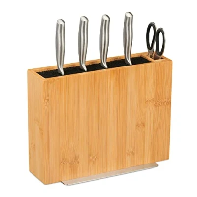 Abbildung von Relaxdays Messerblock unbestückt, Messerhalter Bambus, universal, Messeraufbewahrung mit Borsteneinsatz, natur/schwarz, 23 x 30 12 cm