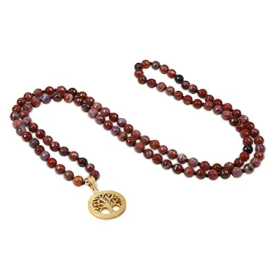 Abbildung von COAI Geschenkideen Verknotete 108 Malakette Meditationskette aus Facettiertem Portugiesischen Achat mit Lebensbaum Charm