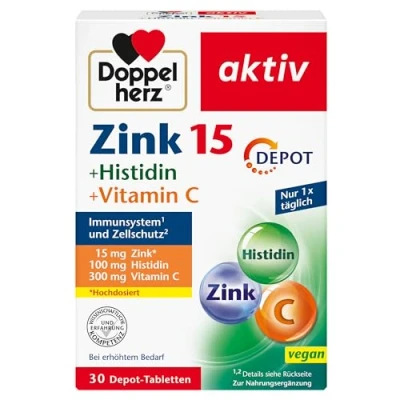 Abbildung von Doppelherz Zink 15 + Histidin Vitamin C mg als Beitrag für die normale Funktion des Immunsystems und den Erhalt normaler Haut 30 vegane Depot Tabletten