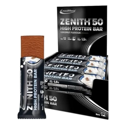Abbildung von IronMaxx Zenith 50 XL High Protein Bar Kokosnuss 12 x 100g Eiweißriegel mit 50% Proteingehalt low carb, sugar wichtigen Aminosäuren