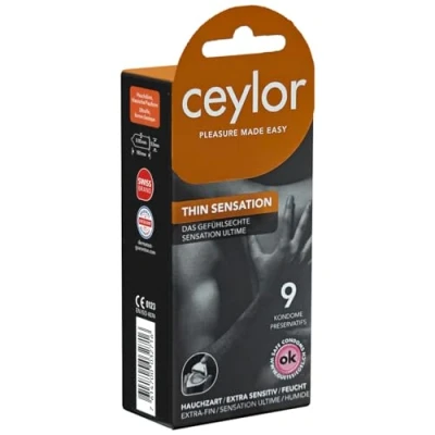 Abbildung von Ceylor Thin Sensation 9 extradünne Kondome, verpackt im hygienischen &quot;Dösli&quot; für einfache Handhabung, Top Qualität, Qualitätsmarke aus der Schweiz