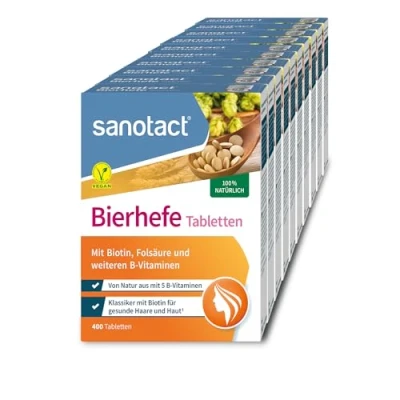Abbildung von sanotact Bierhefe Tabletten (10 x 400 Tabletten) 100% natürliche vegan Mit Biotin für schöne Haare &amp; gesunde Haut 6 B Vitaminen Auch Hunde geeignet Hefetabletten