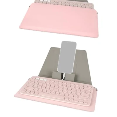Abbildung von GEEKRIA Kompakte Tastaturhülle mit Smartphone und Tablet Ständer, Tastaturabdeckung kompatibel Logitech K380 Wireless, Magic Keyboard, OMOTON Ultra Slim Bluetooth Tastaturauflage (Rosa)
