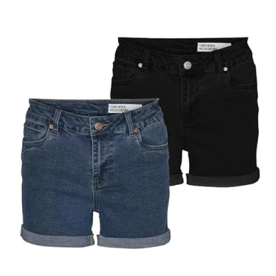 Abbildung von VERO MODA Damen VMLUNA MR FOLD Denim Shorts 2PACK, Medium Blue Denim/Schwarz, XL