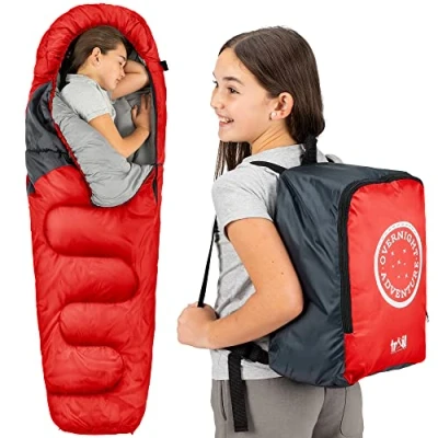 Abbildung von Trail Schlafsack Kinder Mumienschlafsack als 3 Jahreszeiten für Camping 300gsm Jungen und Mädchen mit Leichtem Transportrucksack Rot