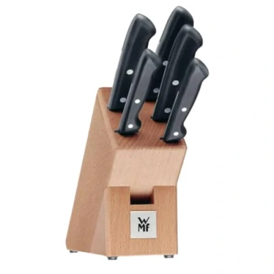 Abbildung von WMF Classic Line Messerblock mit Messerset 6 teilig, bestückt, 5 Messer, Birkenholz Block, Spezialklingenstahl, natur, schwarz, silber
