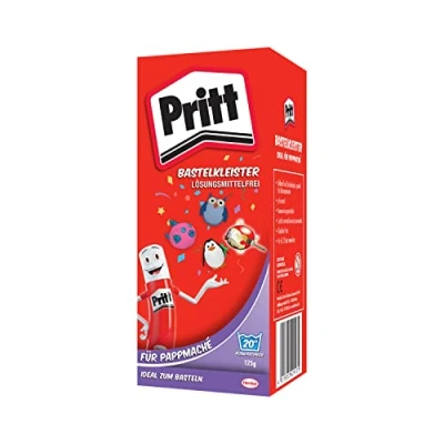 Abbildung von Pritt Bastelkleister Pappmaché, sicher für Kinder, mit warmen Wasser auswaschbar, frei von Konservierungs und Lösungsmitteln, 125g Pulver, 9H PMP12
