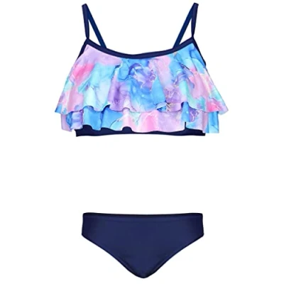 Abbildung von Aquarti Mädchen Bikini Set Bustier Bikinislip Zweiteiliger Badeanzug, Farbe: 030D mit Rüschen/Tie Dye/Blau/Lila/Rosa, Größe: 146
