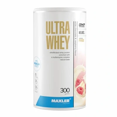 Abbildung von Maxler Ultra Whey Protein 24 g pro Portion Pulver Molkenprotein Konzentrat, Isolat, Hydrolysat Mit BCAA Weiße Schokolade &amp; Himbeere 300g