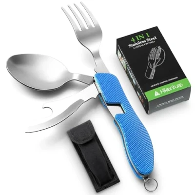 Abbildung von Hikenture Messer Gabel Löffel Flaschenöffner Set 4 In 1 Campingbesteck aus Edelstahl mit Gürteltasche Klappbesteck für Camping und Outdoor (Blau)