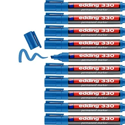 Abbildung von edding 330 Permanentmarker hell blau 10 Stifte Keil Spitze 1 5 mm wasserfest, schnell trocknend wischfest für Karton, Kunststoff, Glas, Holz, Metall, Glas