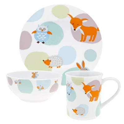 Abbildung von Puresigns WOODY Kindergeschirr Set 3 teilig Waldtier Design in Pastellfarben Teller, Tasse &amp; Müslischale Ideal für Jungs Mädchen Perfektes Kindergeburtstagsgeschenk