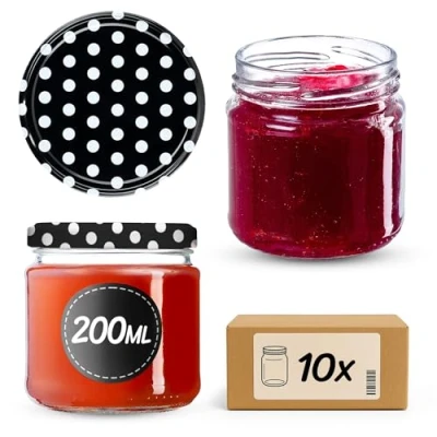 Abbildung von KADAX Kleine Einmachgläser 200 ml, Marmeladengläser, fi66 mm, Minigläser für Honig und Gewürze, Luftdichte Gläschen, Einweckglas, Gläser, Einweckgläser, Rundgläser (10 Stück, Schwarz gepunktet)