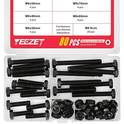 Abbildung von YEEZET Schrauben M8 80 Pcs Sechskantschrauben Unterlegscheiben Federringe und Muttern Sortiment Kit (8.8 Kohlenstoffstahl)